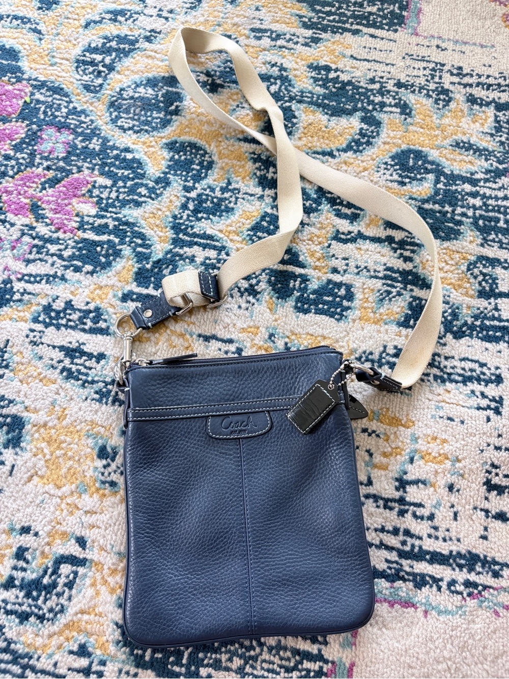 Coach Navy Pebbled Leather Crossbody with Beige Canvas Strap